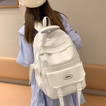 Однотонный женский рюкзак с несколькими карманами, рюкзак для ноутбука для студентов колледжа большой емкости, Модная женская милая нейлоновая школьная сумка